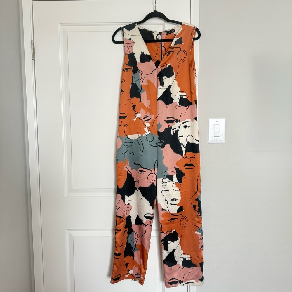 Sleeveless Abstract Face Print Jumpsuit in Rust & Pink, Colombian brand Eloisa
